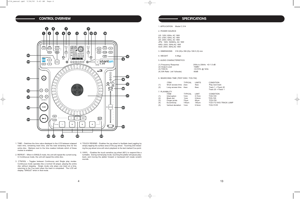 Control overview, Specifications | Stanton C.314 User Manual | Page 13 / 14