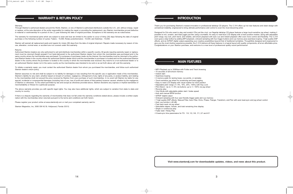 Main features, Introduction, Warranty & return policy | Stanton C.314 User Manual | Page 14 / 14