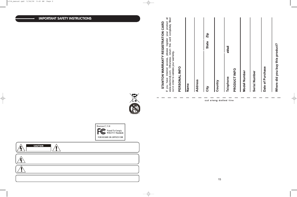 Important safety instructions | Stanton C.314 User Manual | Page 2 / 14