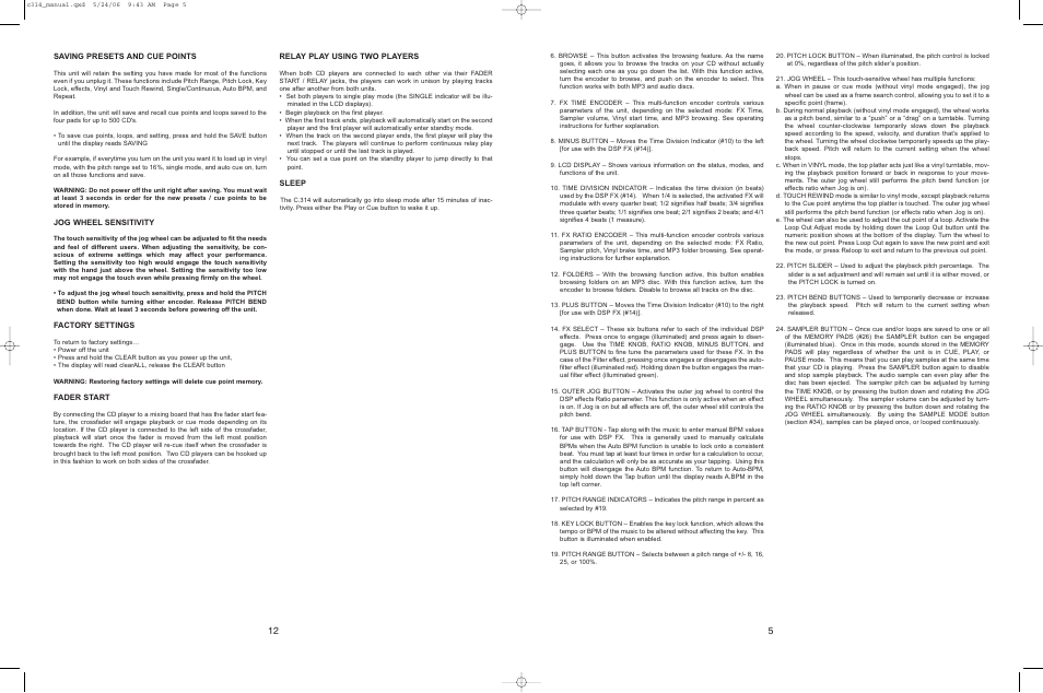 Saving presets and cue points, Jog wheel sensitivity, Factory settings | Fader start, Relay play using two players, Sleep | Stanton C.314 User Manual | Page 5 / 14