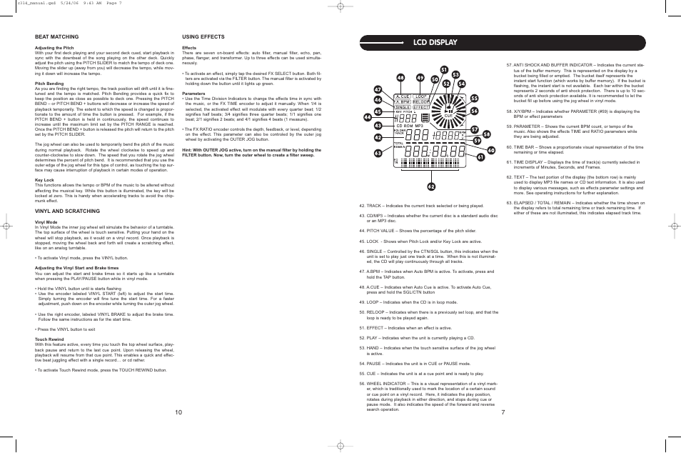 Lcd display, Beat matching, Vinyl and scratching | Using effects | Stanton C.314 User Manual | Page 7 / 14