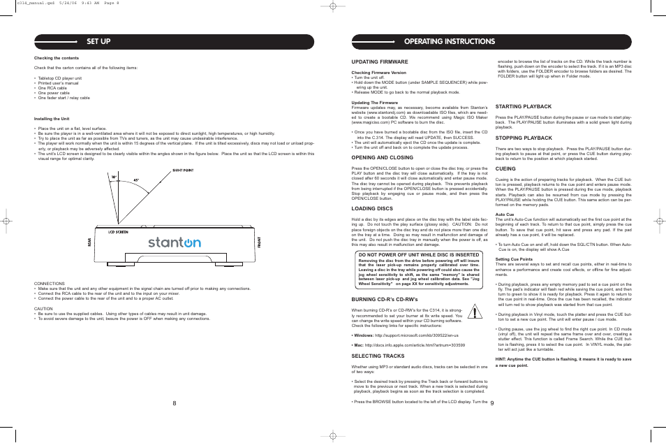 Set up operating instructions, Updating firmware, Opening and closing | Loading discs, Burning cd-r’s cd-rw’s, Selecting tracks, Starting playback, Stopping playback, Cueing | Stanton C.314 User Manual | Page 9 / 14