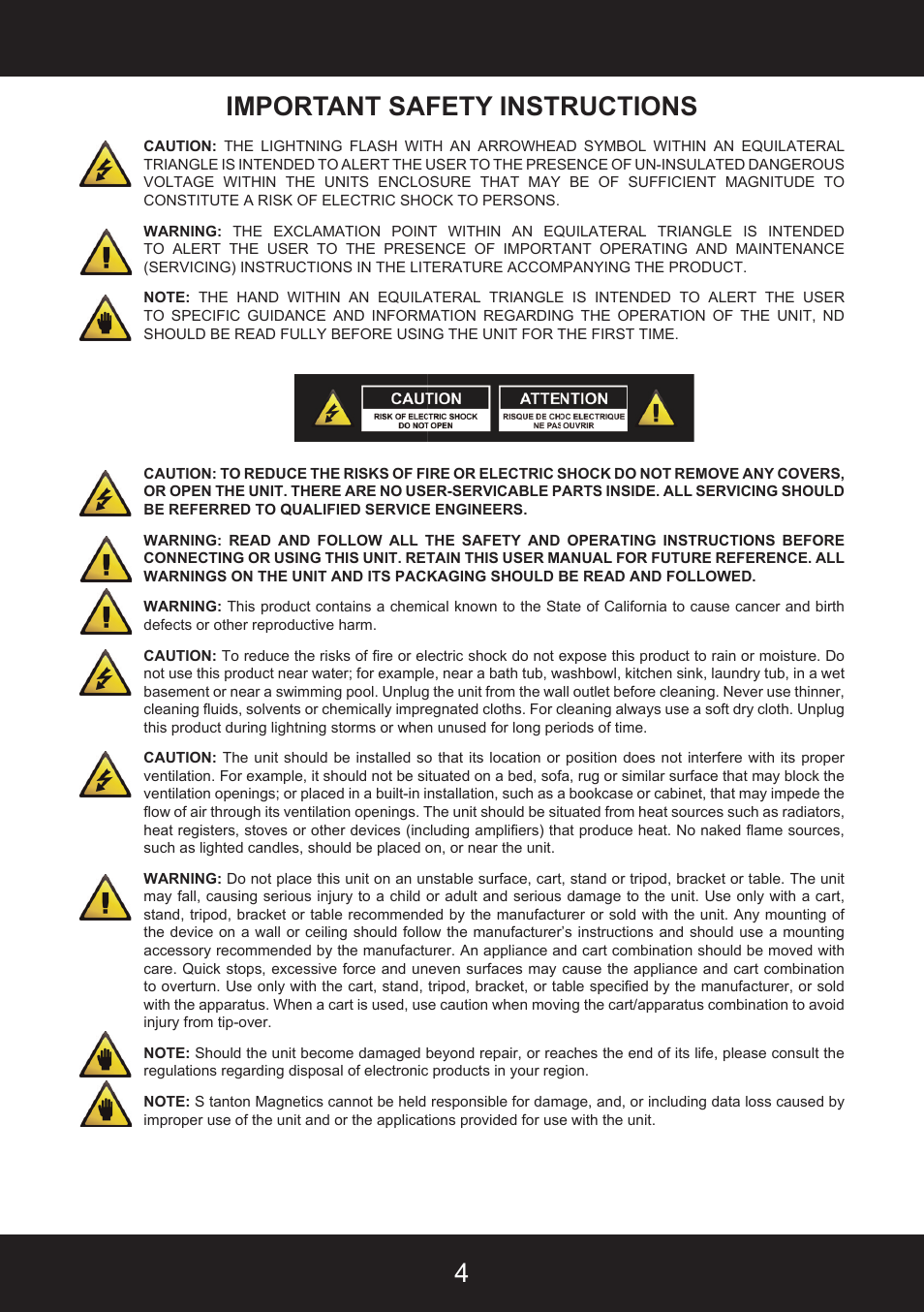 4important safety instructions | Stanton SCS.4DJ User Manual | Page 3 / 64
