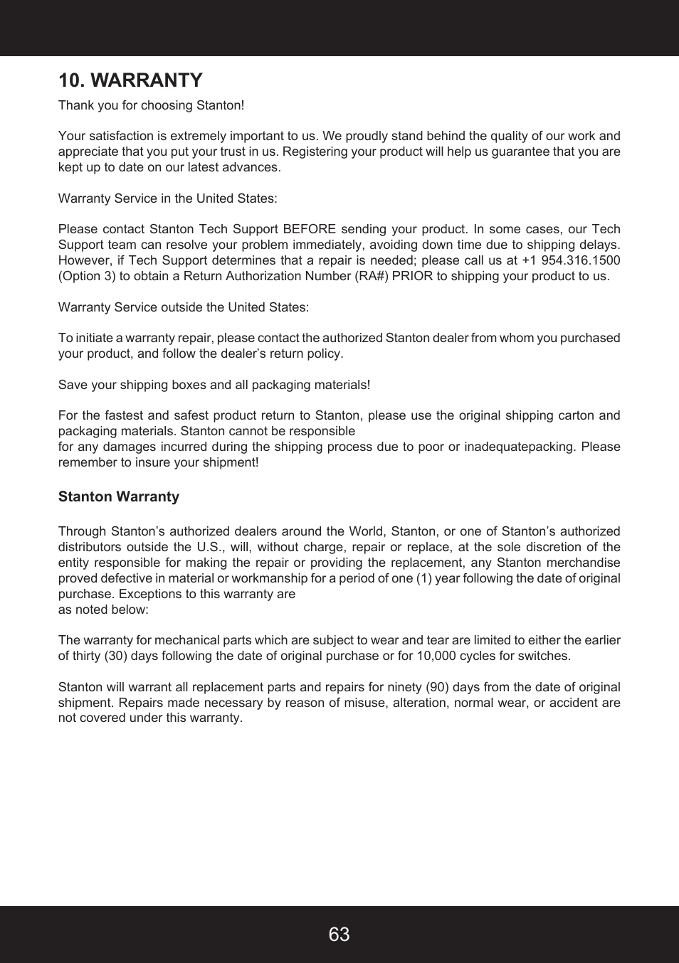 63 10. warranty | Stanton SCS.4DJ User Manual | Page 62 / 64
