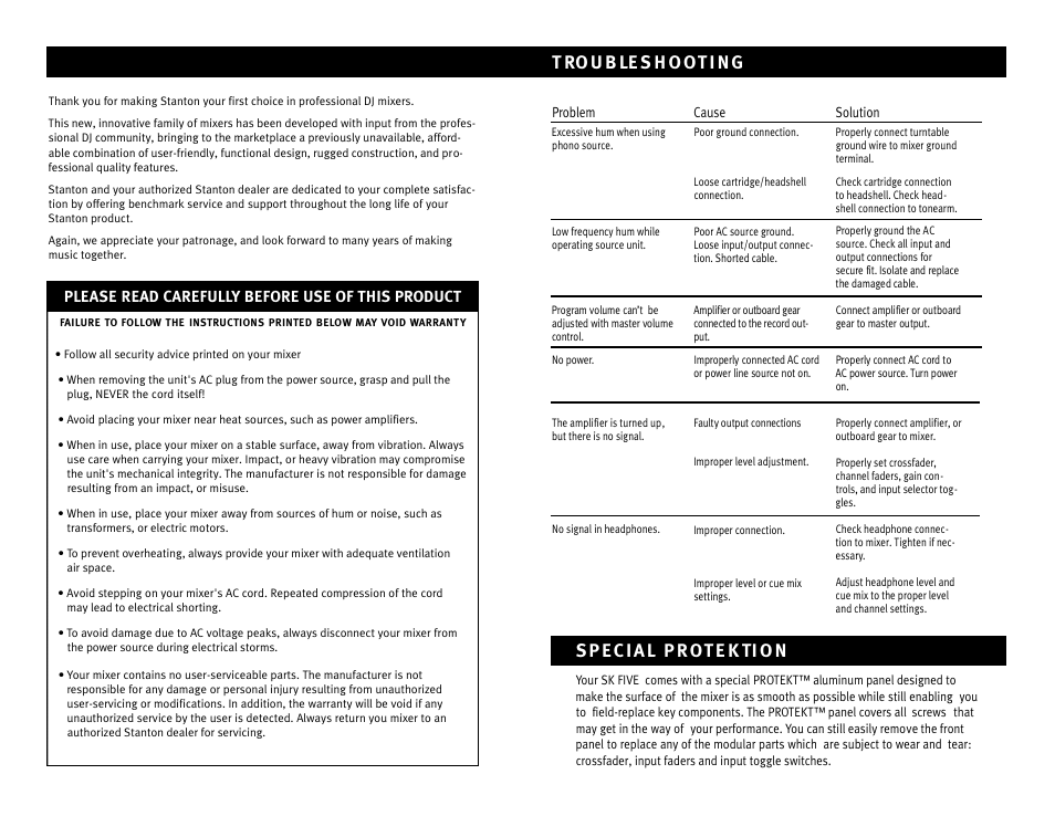Please read carefully before use of this product | Stanton Professional Performance Mixer SK FIVE User Manual | Page 2 / 4