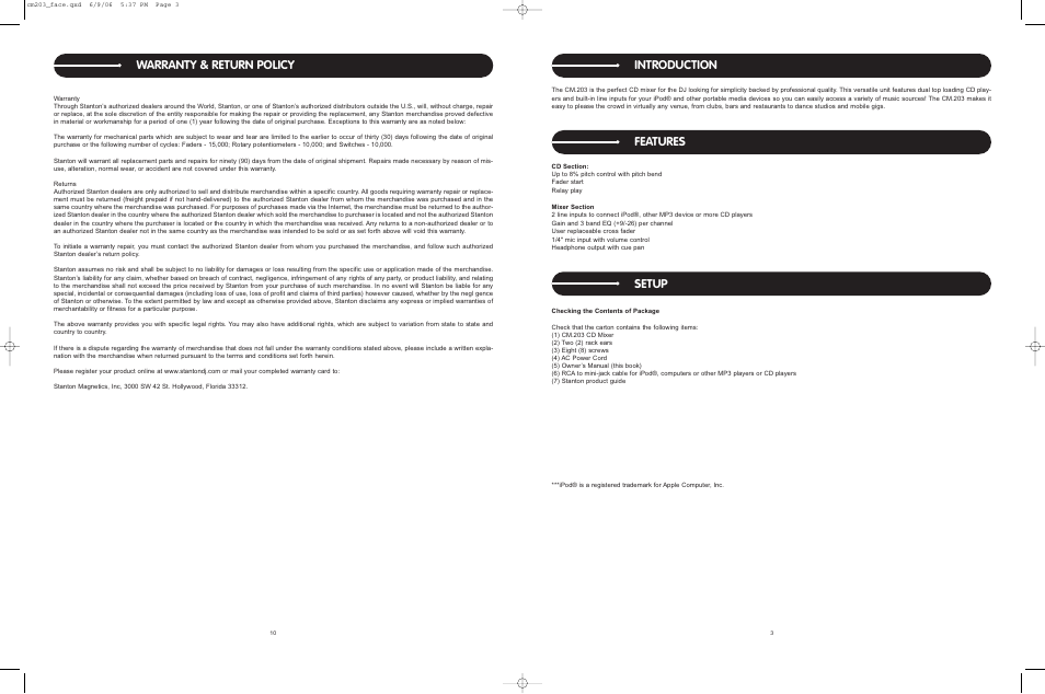 Introduction, Features setup, Warranty & return policy | Stanton CM.203 User Manual | Page 3 / 10