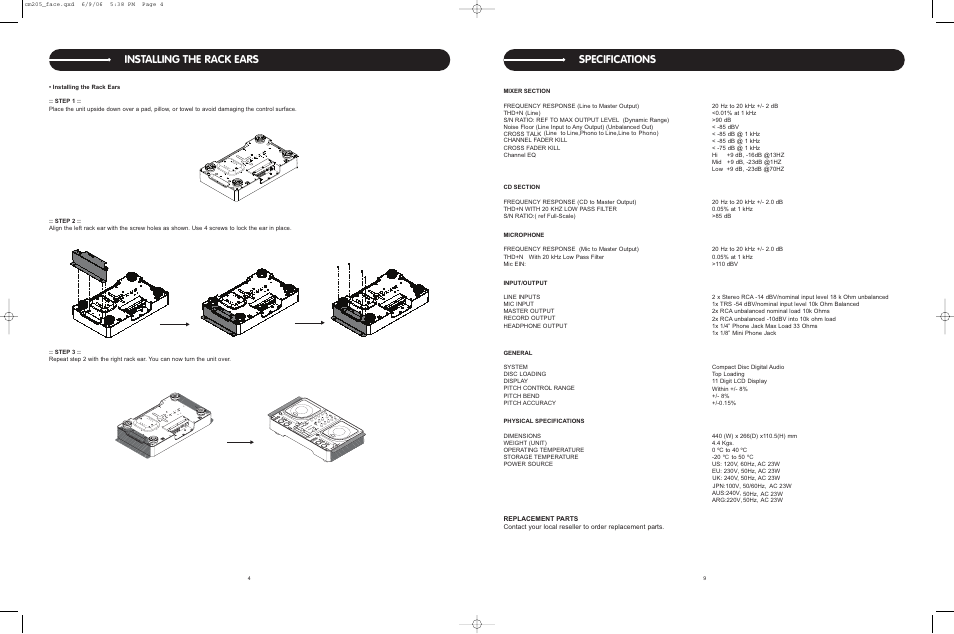 Installing the rack ears, Specifications | Stanton CM.203 User Manual | Page 9 / 10