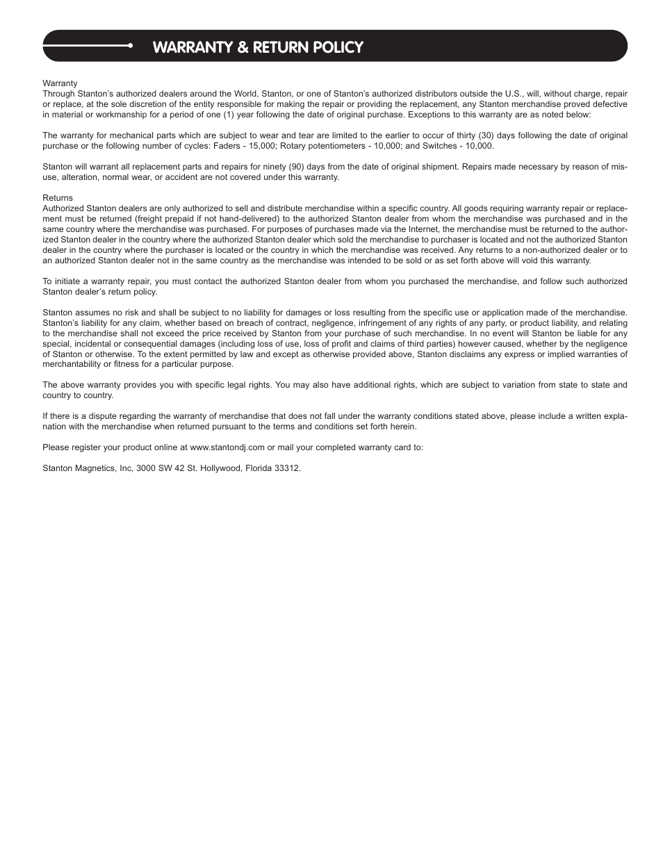 Warranty & return policy | Stanton S.300 User Manual | Page 8 / 10