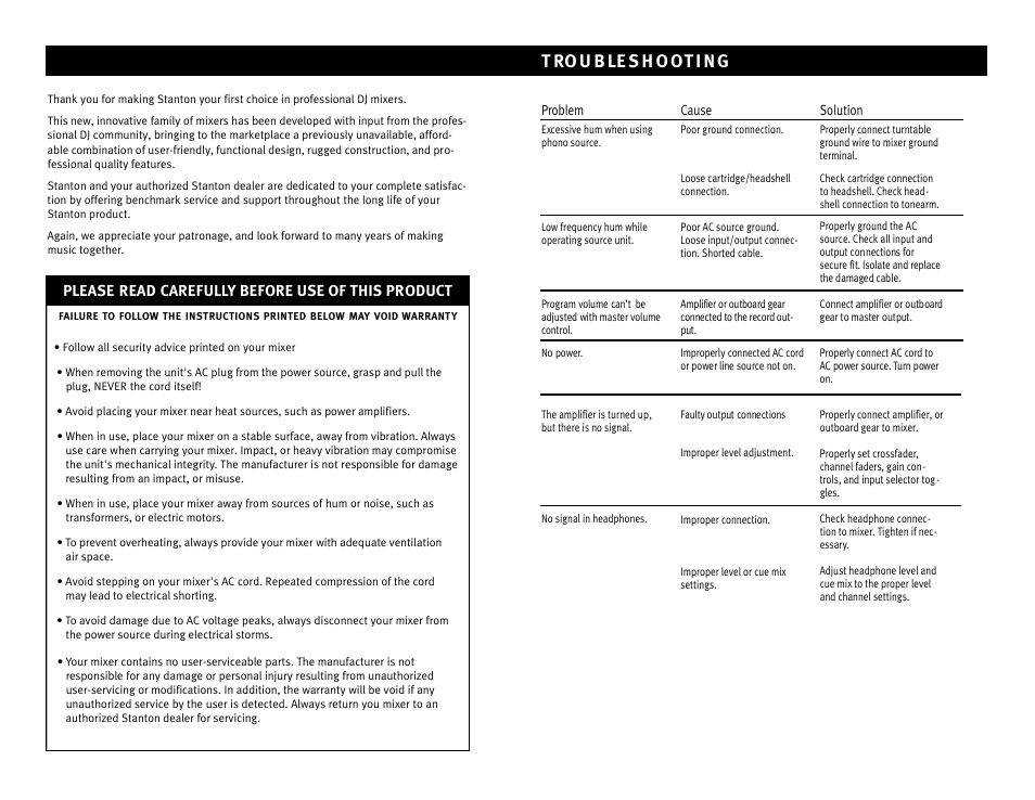 Please read carefully before use of this product | Stanton Professional Performance Mixer SK ONE User Manual | Page 2 / 4