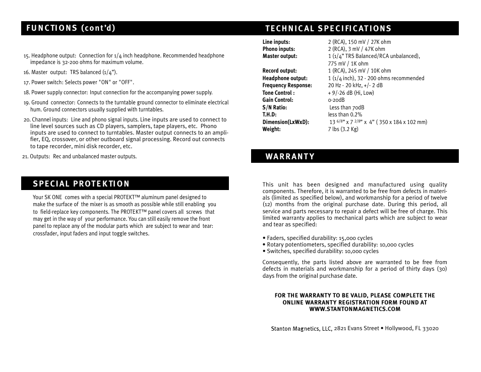 Stanton Professional Performance Mixer SK ONE User Manual | Page 4 / 4