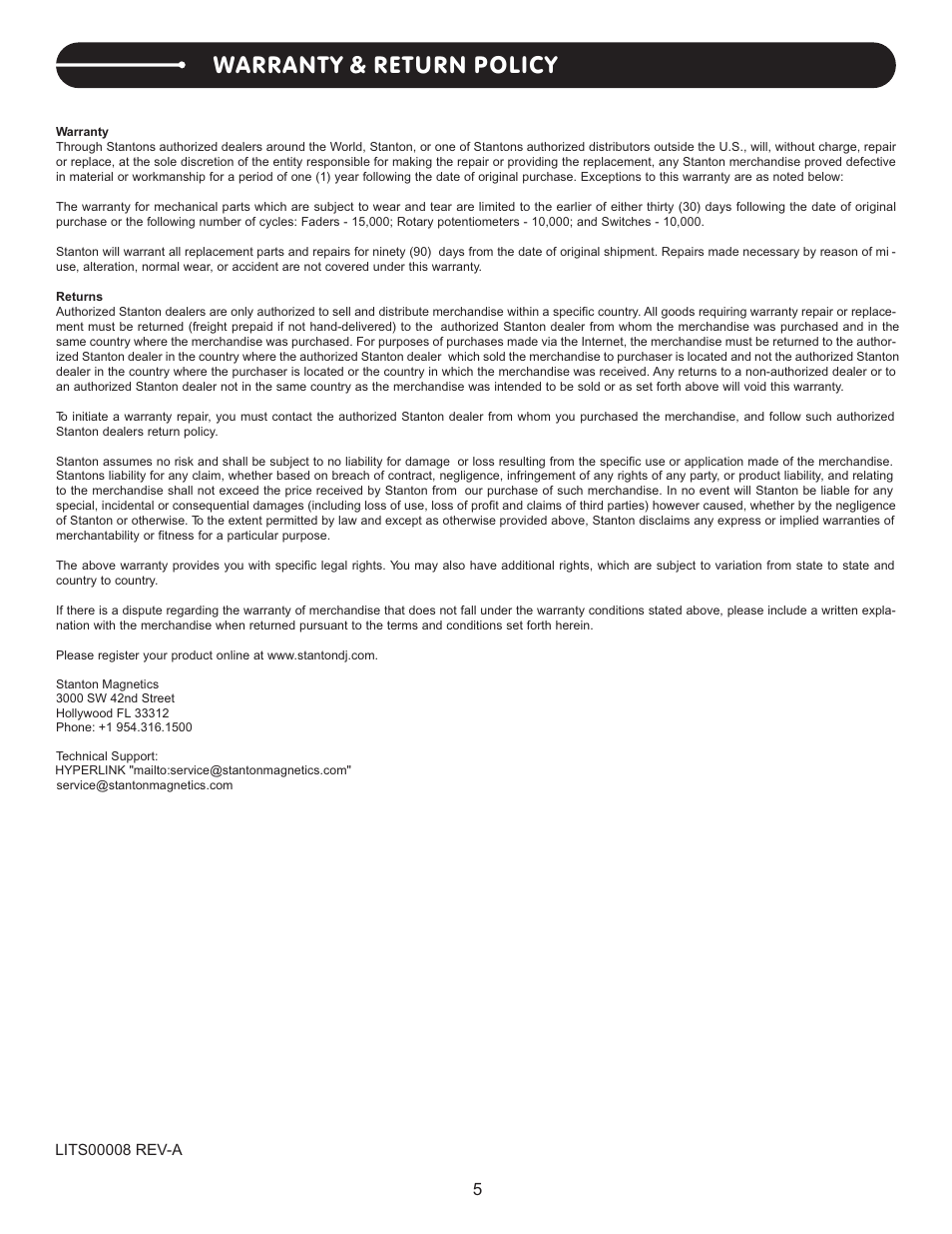 頁面 6, Warranty & return policy | Stanton S.252 User Manual | Page 6 / 8