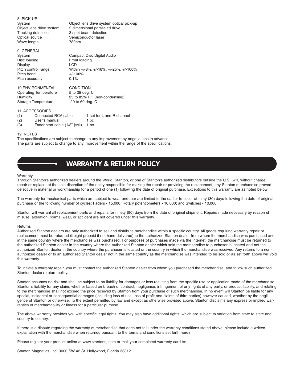 Warranty & return policy | Stanton C.303 User Manual | Page 10 / 10