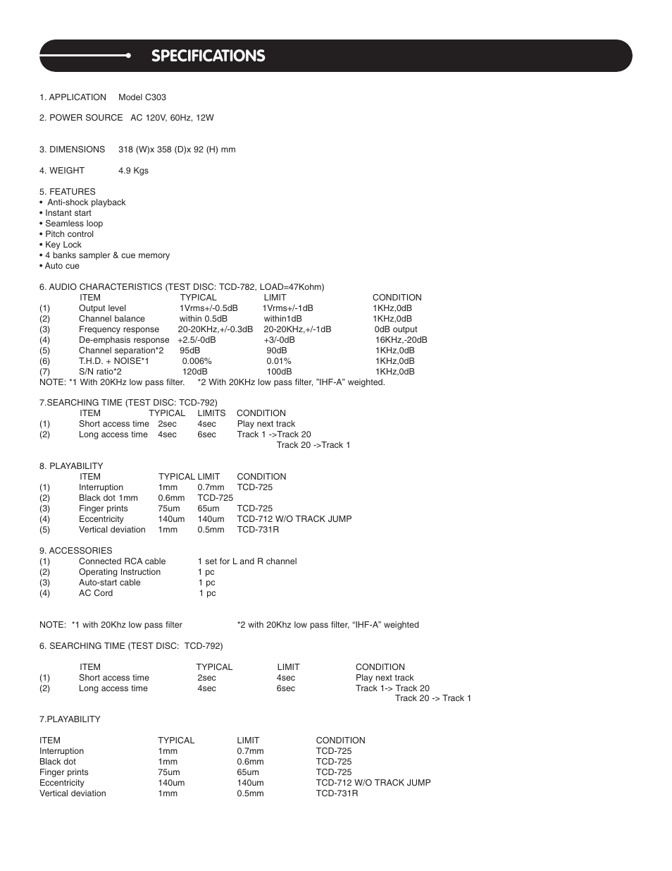 Specifications | Stanton C.303 User Manual | Page 9 / 10