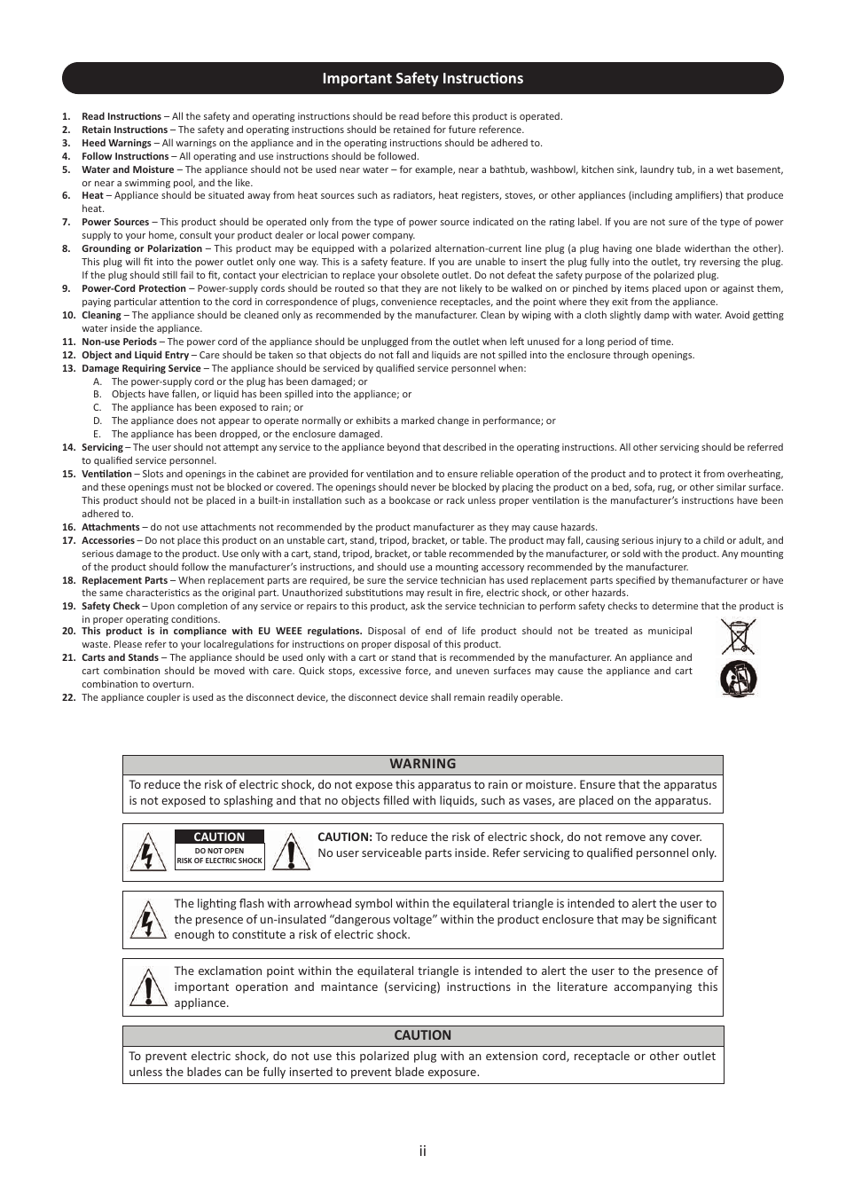 Important safety instructions, Warning, Caution | Stanton SMX.311 User Manual | Page 2 / 16