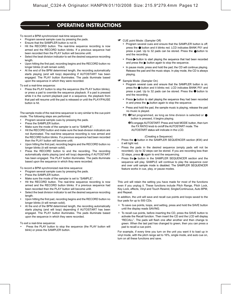 Operating instructions | Stanton Professional Table Top CD Player C.324 User Manual | Page 10 / 12