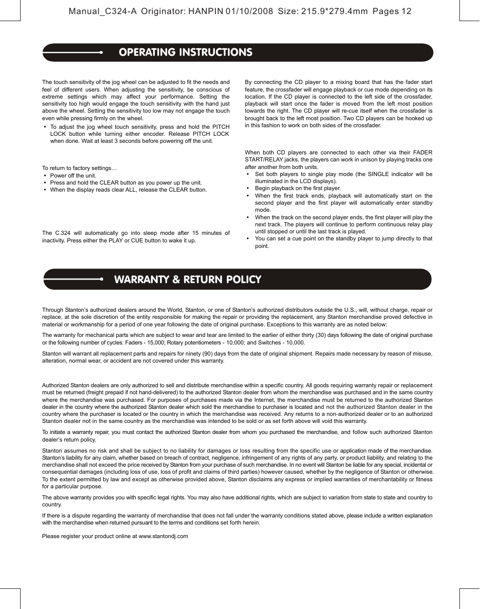 Operating instructions warranty & return policy | Stanton Professional Table Top CD Player C.324 User Manual | Page 11 / 12