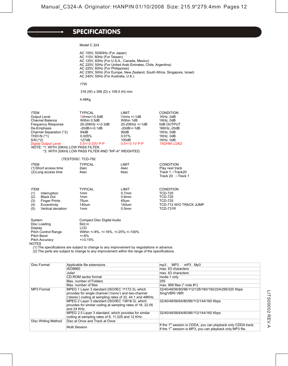 Specifications | Stanton Professional Table Top CD Player C.324 User Manual | Page 12 / 12