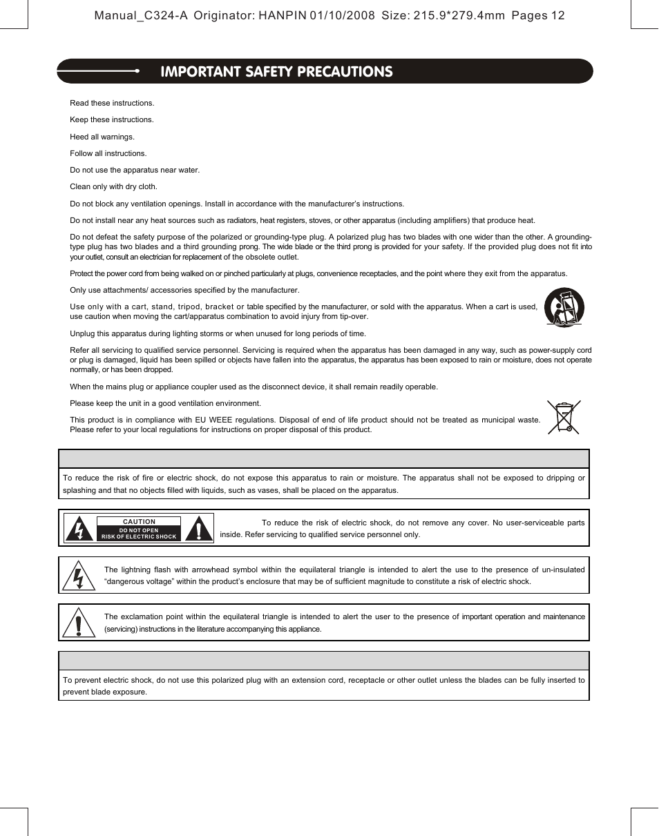 Important safety precautions | Stanton Professional Table Top CD Player C.324 User Manual | Page 2 / 12
