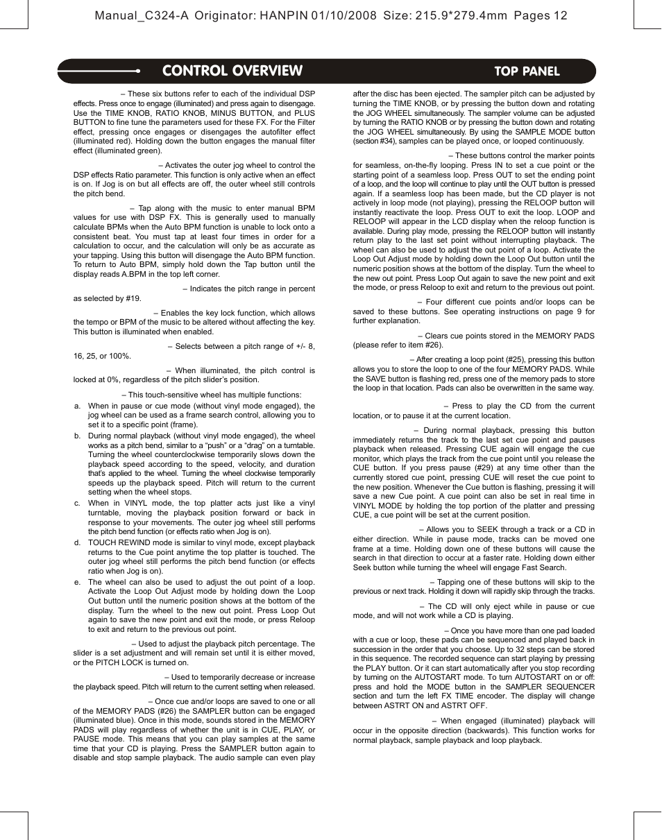 Control overview, Top panel | Stanton Professional Table Top CD Player C.324 User Manual | Page 5 / 12