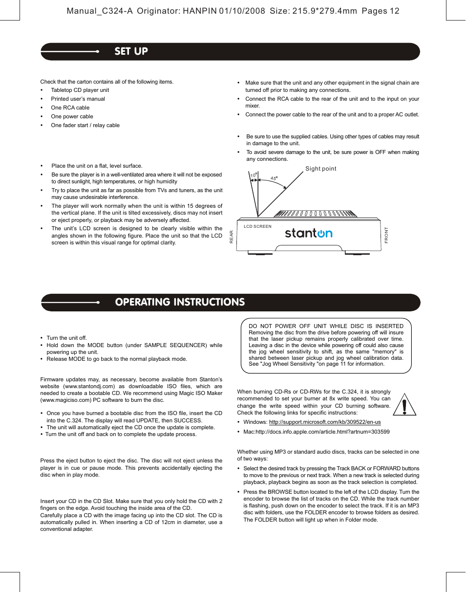 Set up operating instructions | Stanton Professional Table Top CD Player C.324 User Manual | Page 7 / 12