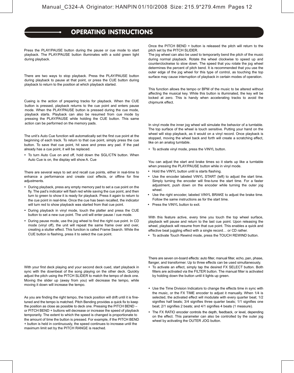 Operating instructions | Stanton Professional Table Top CD Player C.324 User Manual | Page 8 / 12