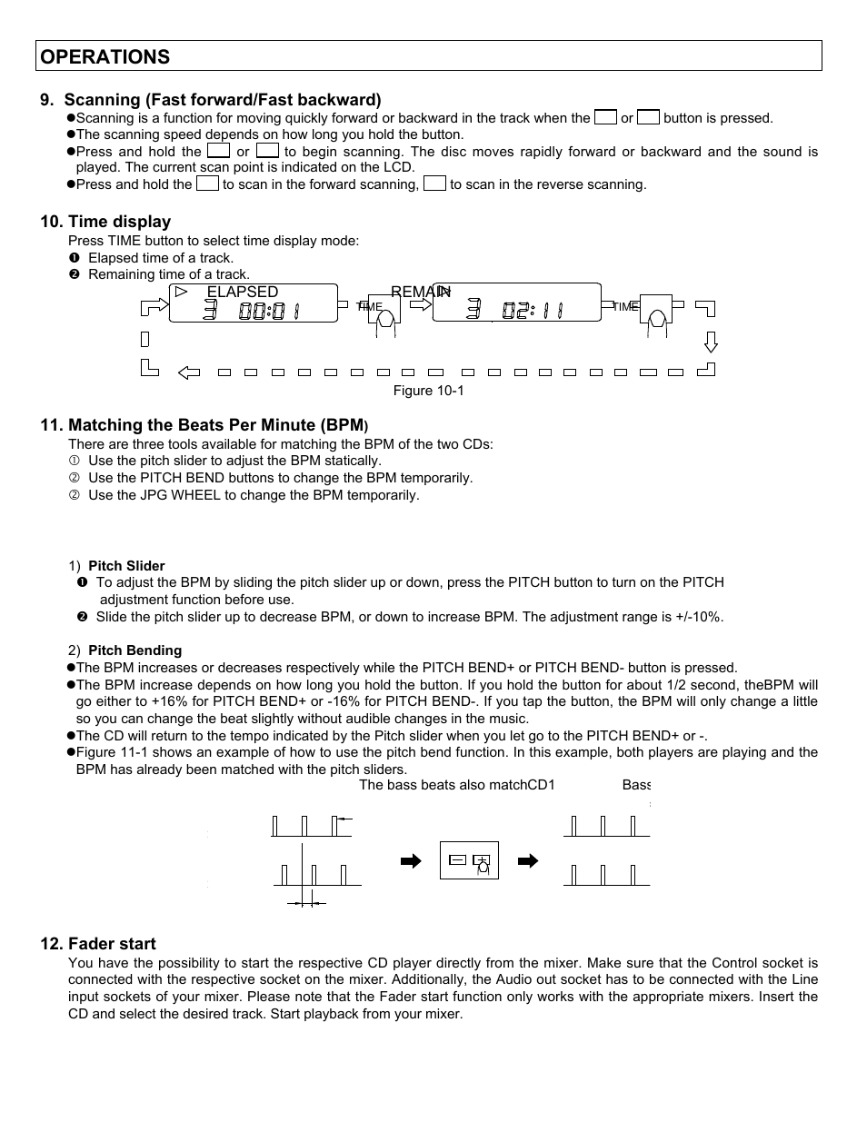 Operations, Scanning (fast forward/fast backward), Time display | Matching the beats per minute (bpm, Fader start | Stanton C-500 User Manual | Page 10 / 12
