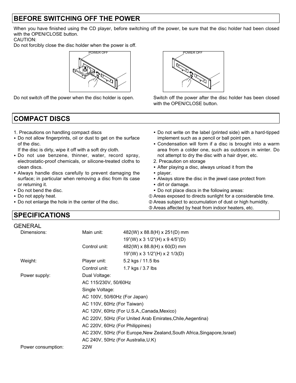 Before switching off the power, Compact discs, Specifications | Stanton C-500 User Manual | Page 11 / 12