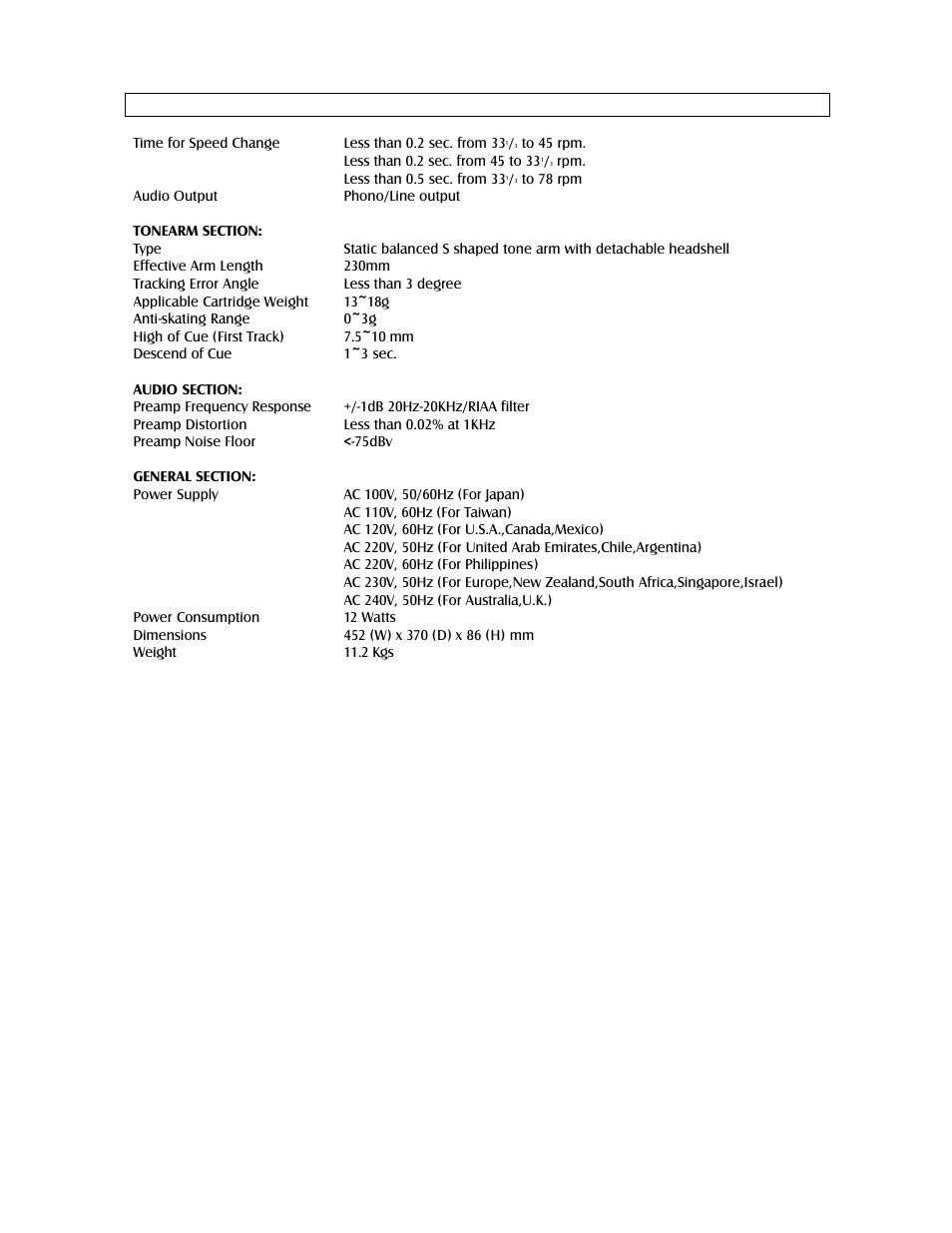 Specifications | Stanton T.12OC User Manual | Page 8 / 11
