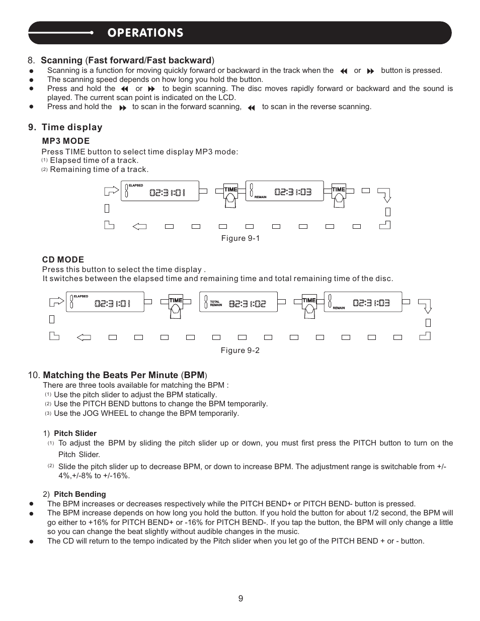 頁面 10, Operations, Scanning ( fast forward / fast backward ) | Matching the beats per minute ( bpm, Time display | Stanton C.402 User Manual | Page 10 / 12