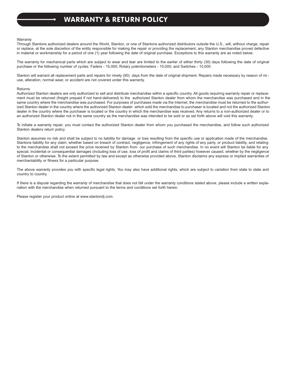 頁面 12, Warranty & return policy | Stanton C.402 User Manual | Page 12 / 12