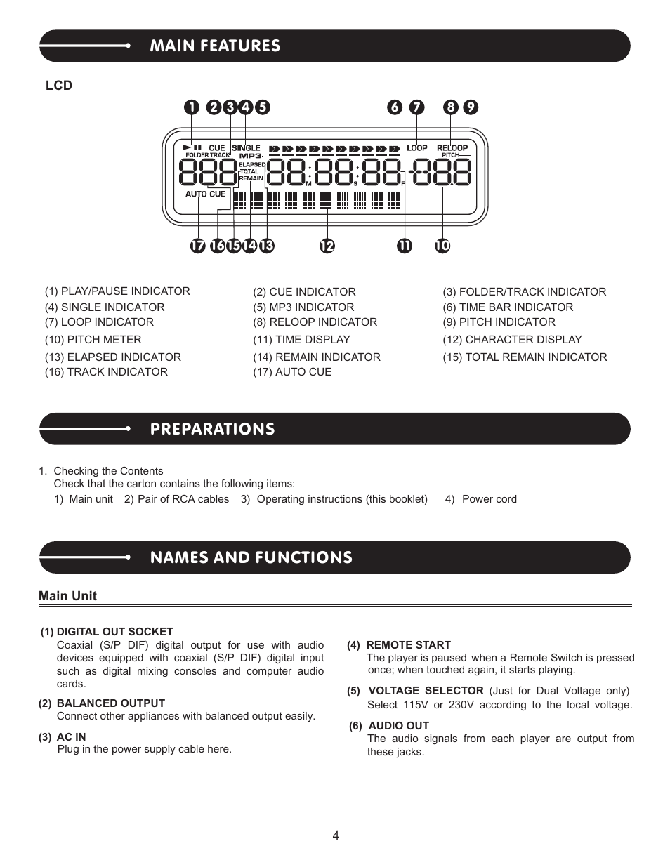 頁面 5, Main features, Names and functions preparations | Stanton C.402 User Manual | Page 5 / 12