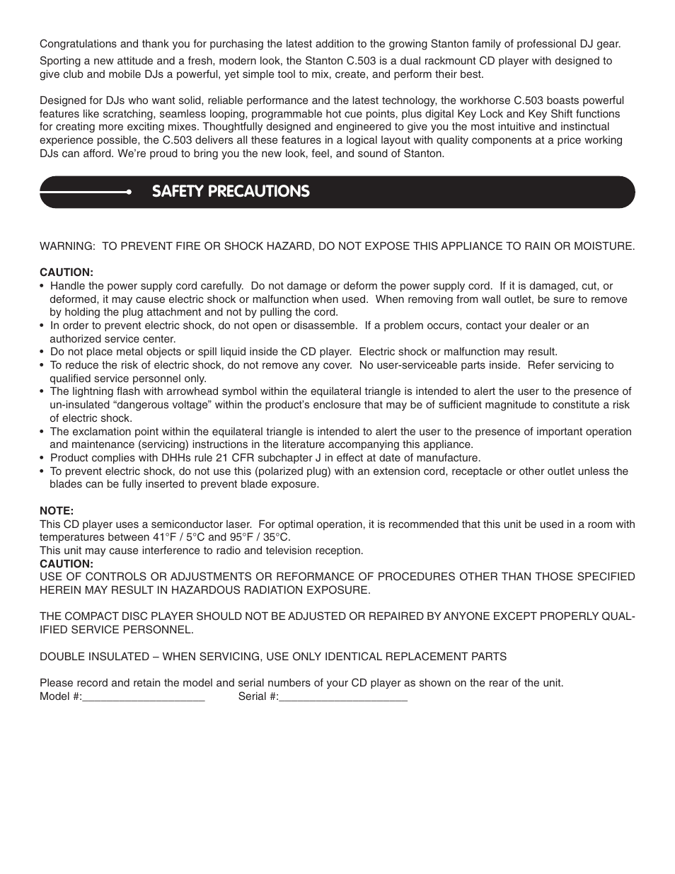 Safety precautions | Stanton C.503 User Manual | Page 2 / 22