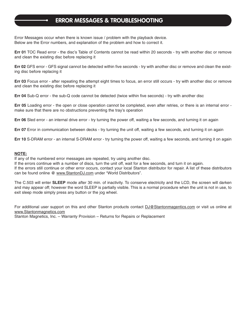 Error messages & troubleshooting | Stanton C.503 User Manual | Page 20 / 22