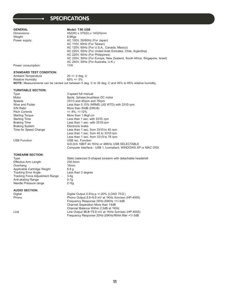 Specifications | Stanton T.90 User Manual | Page 12 / 15