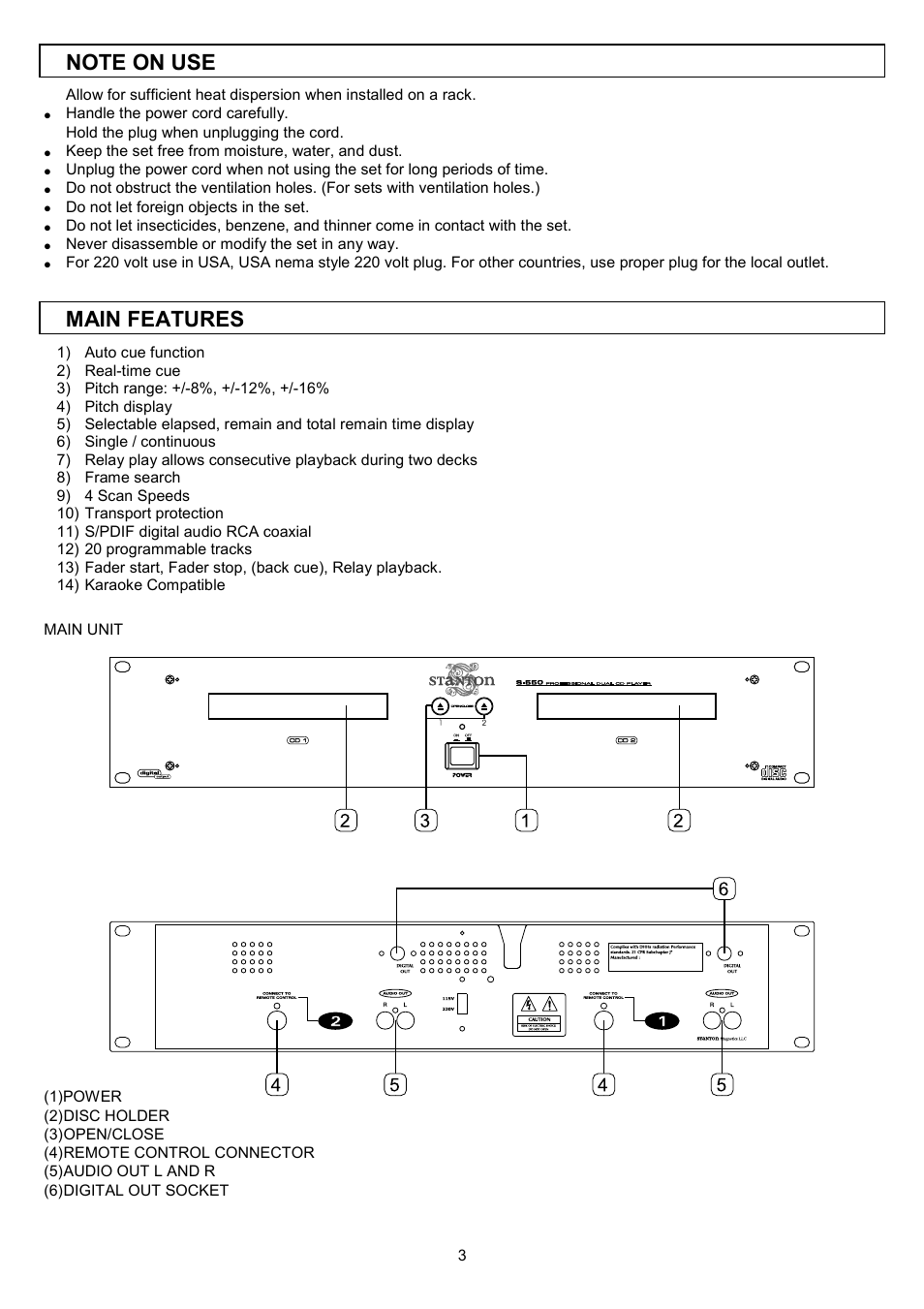 Main features | Stanton S.550 User Manual | Page 4 / 12