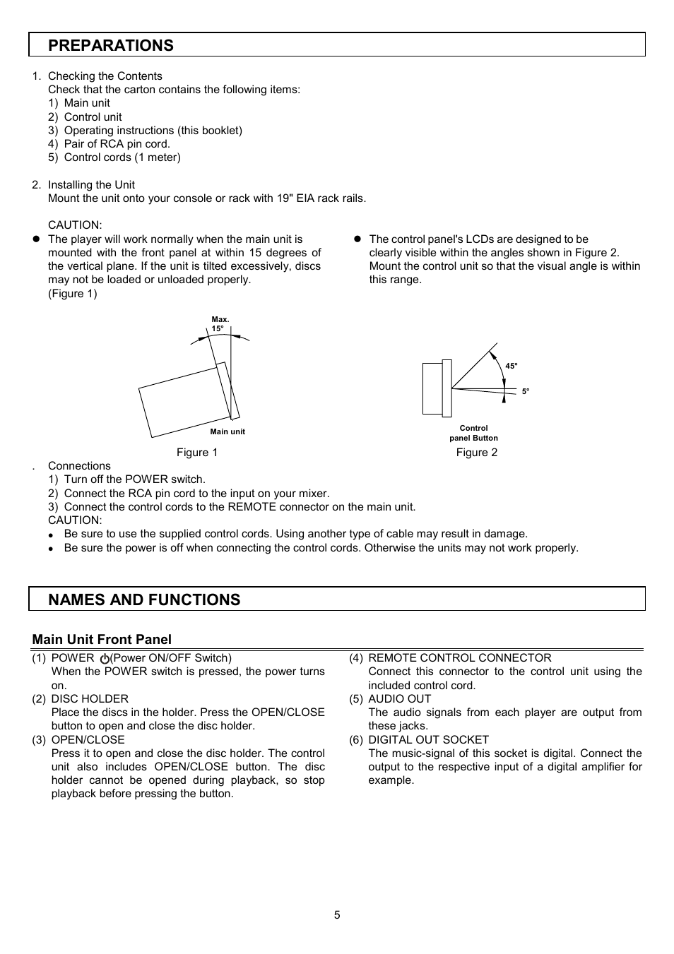 Preparations, Names and functions, Main unit front panel | Stanton S.550 User Manual | Page 6 / 12