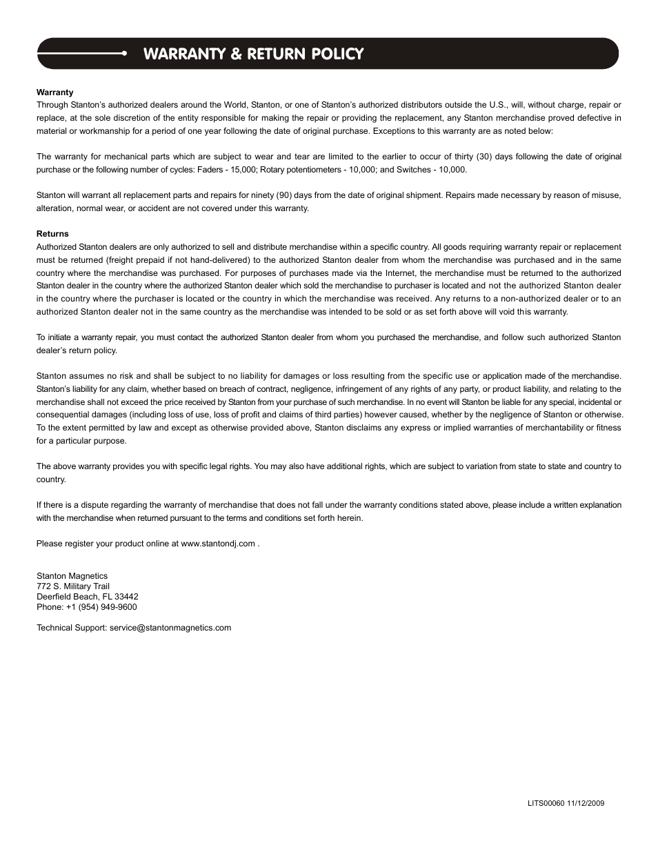 M.212, C.324, Warranty & return policy | Stanton DIGIPAK PRO.V4 User Manual | Page 16 / 16
