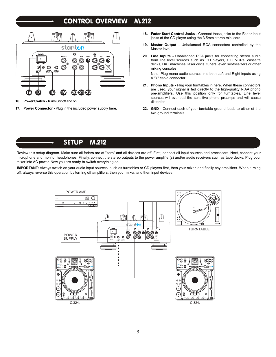 Setup m.212, Control overview m.212 | Stanton DIGIPAK PRO.V4 User Manual | Page 5 / 16