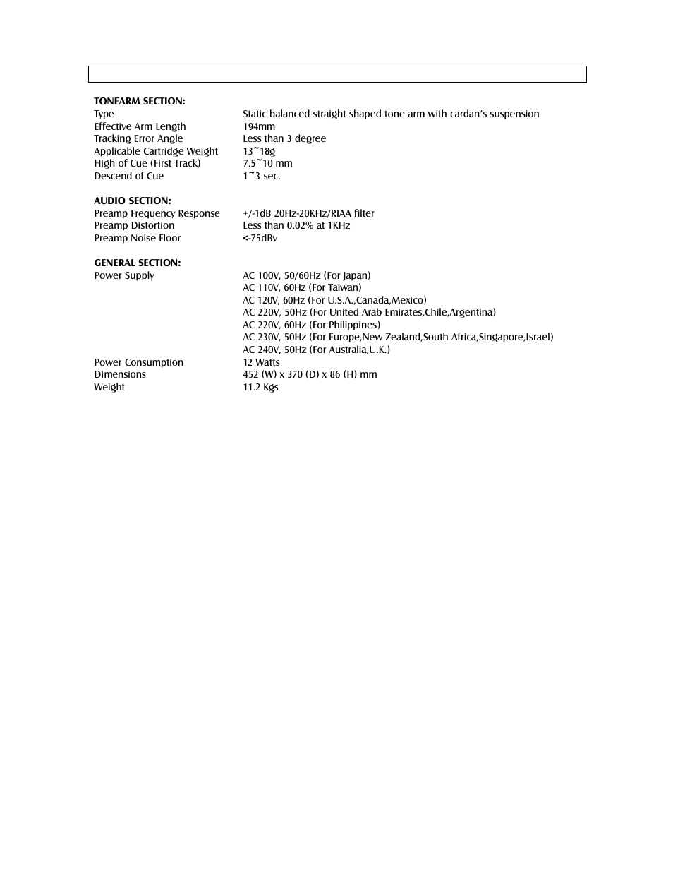 Specifications | Stanton T.12O User Manual | Page 8 / 11