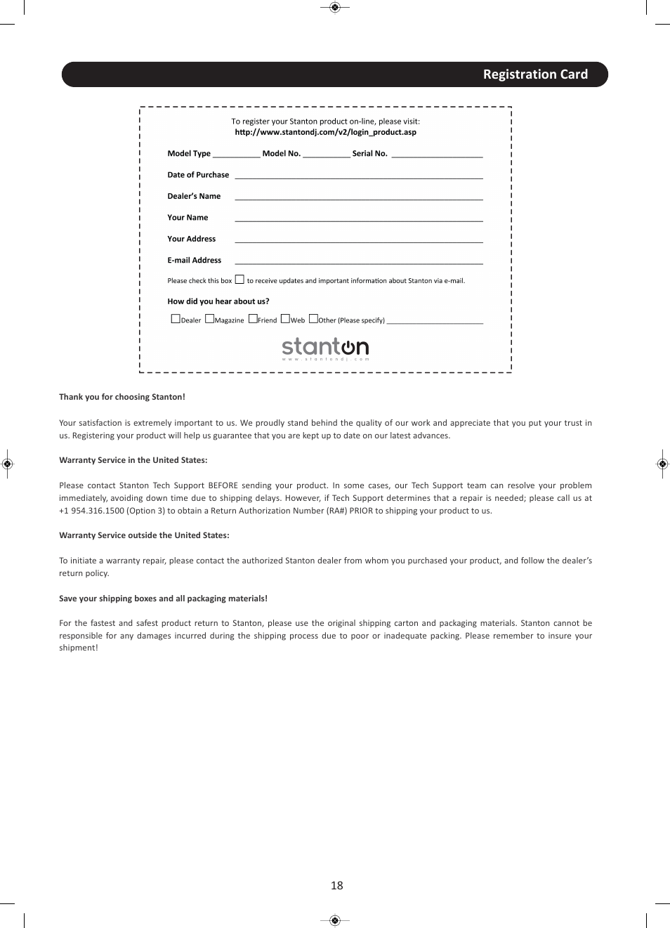 Registration card | Stanton CMP.800 User Manual | Page 19 / 21