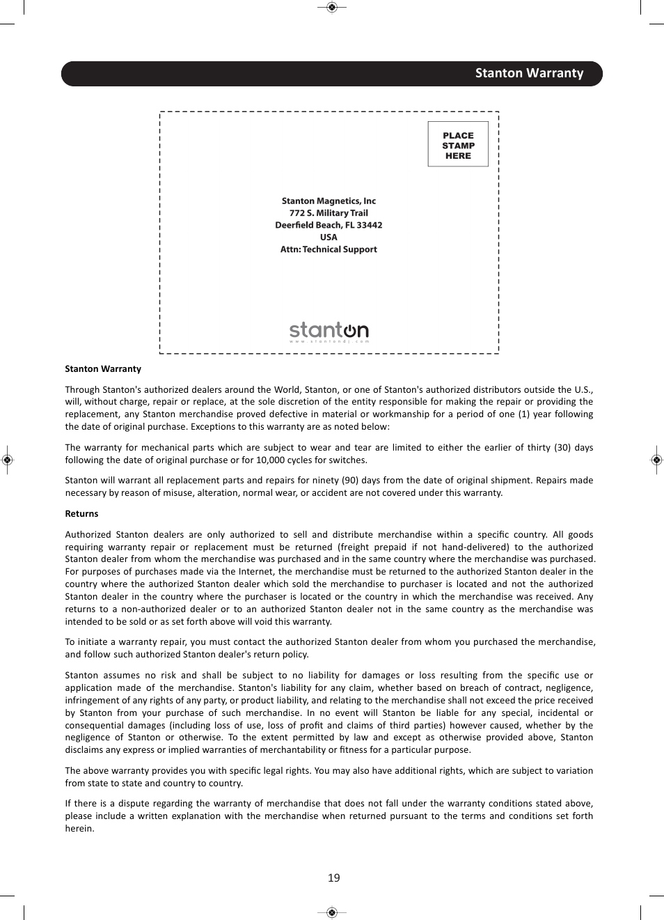 Stanton warranty | Stanton CMP.800 User Manual | Page 20 / 21