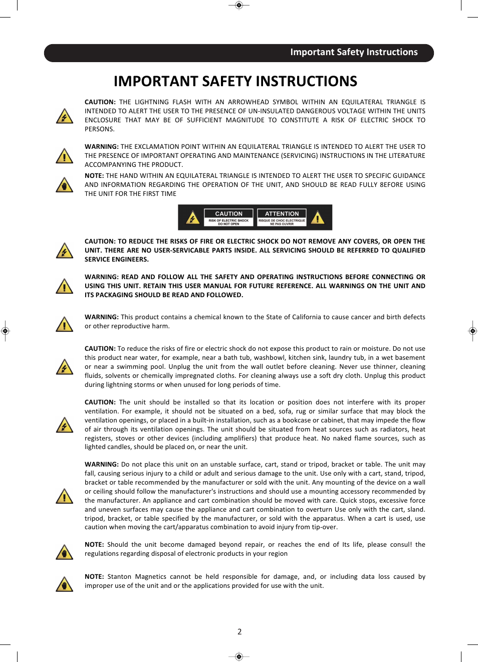 Important safety instructions | Stanton CMP.800 User Manual | Page 3 / 21