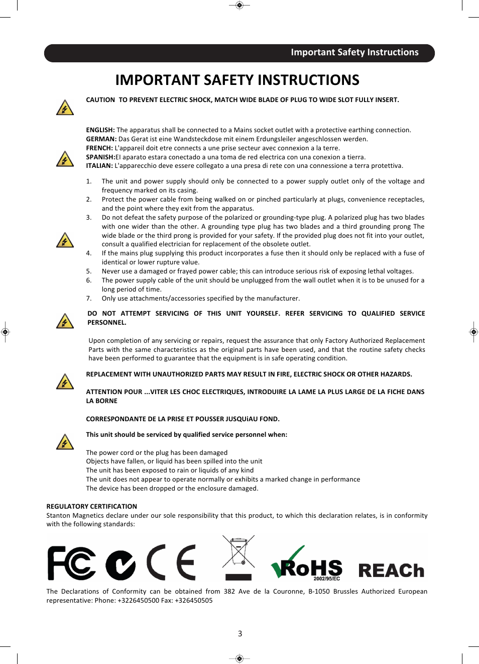 Important safety instructions | Stanton CMP.800 User Manual | Page 4 / 21