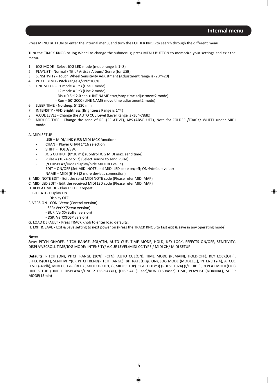 Internal menu | Stanton CMP.800 User Manual | Page 6 / 21