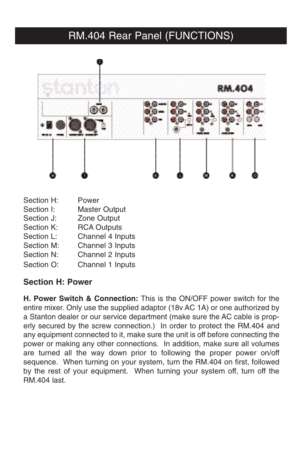 Rm.404 rear panel (functions) | Stanton RM.404 User Manual | Page 13 / 22