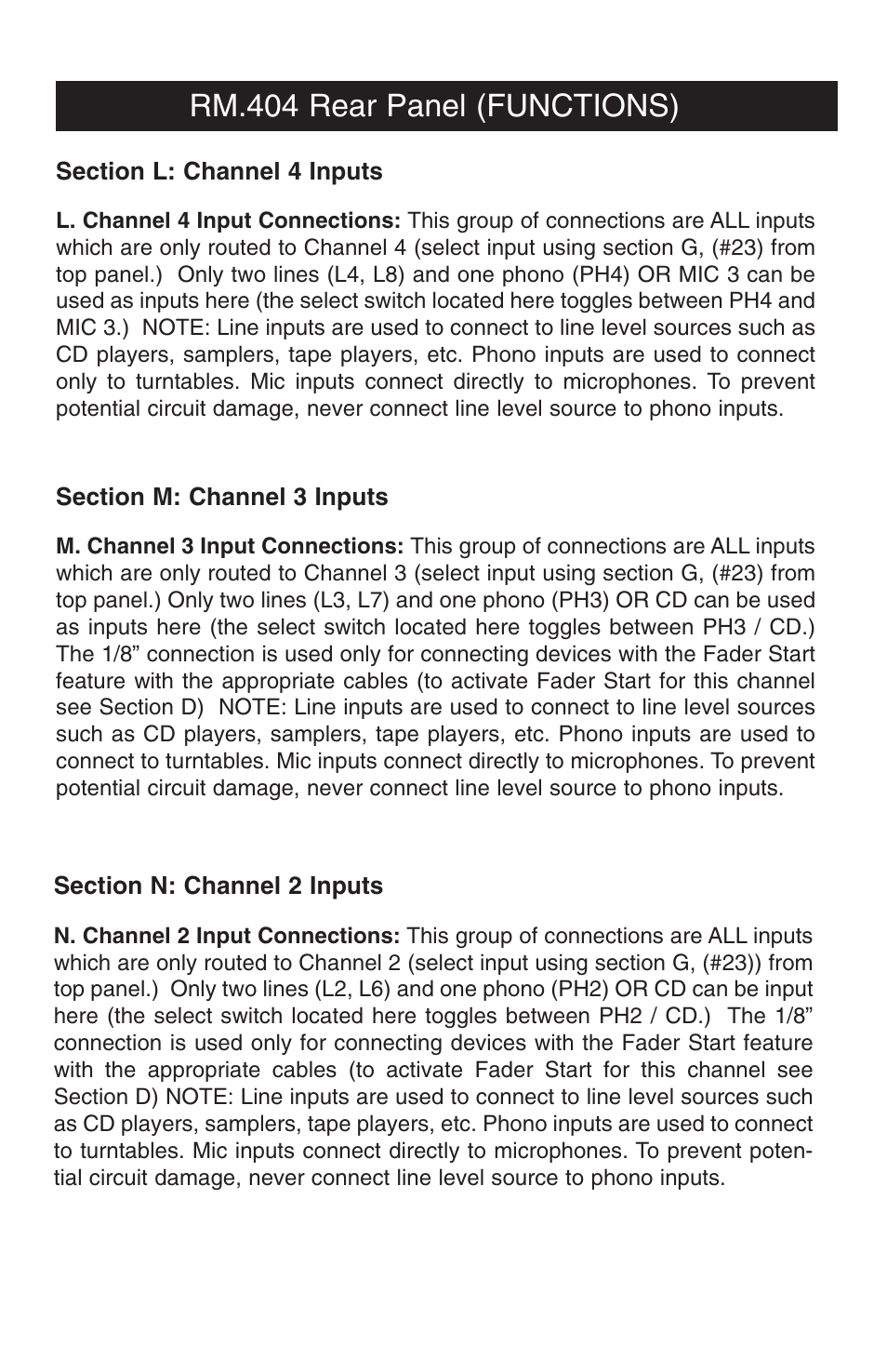 Rm.404 rear panel (functions) | Stanton RM.404 User Manual | Page 15 / 22