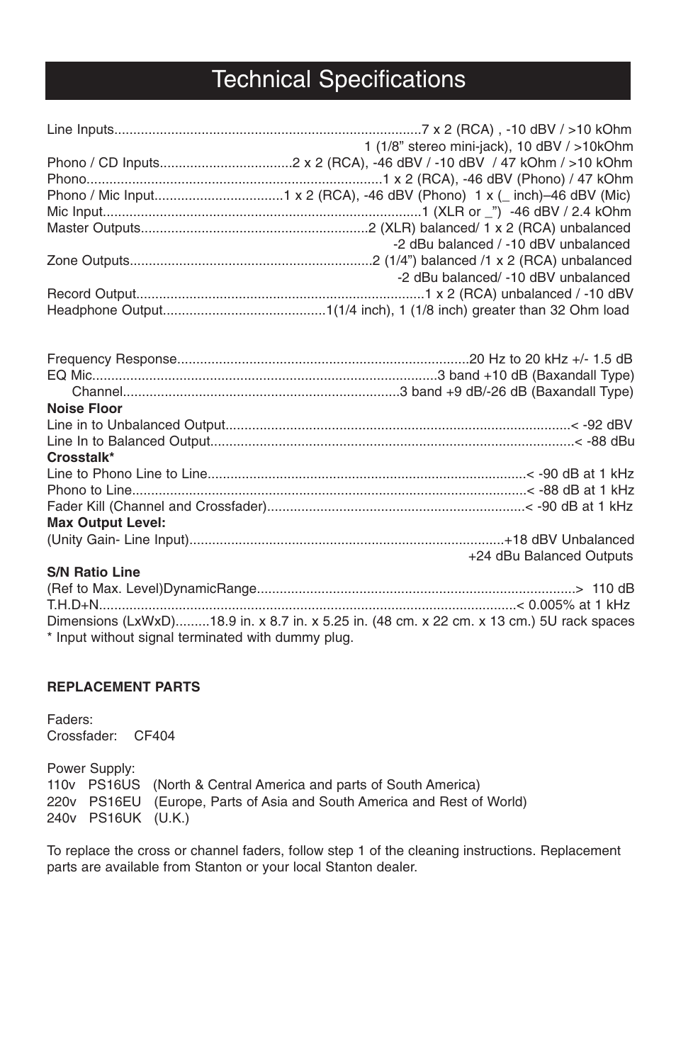 Technical specifications | Stanton RM.404 User Manual | Page 19 / 22