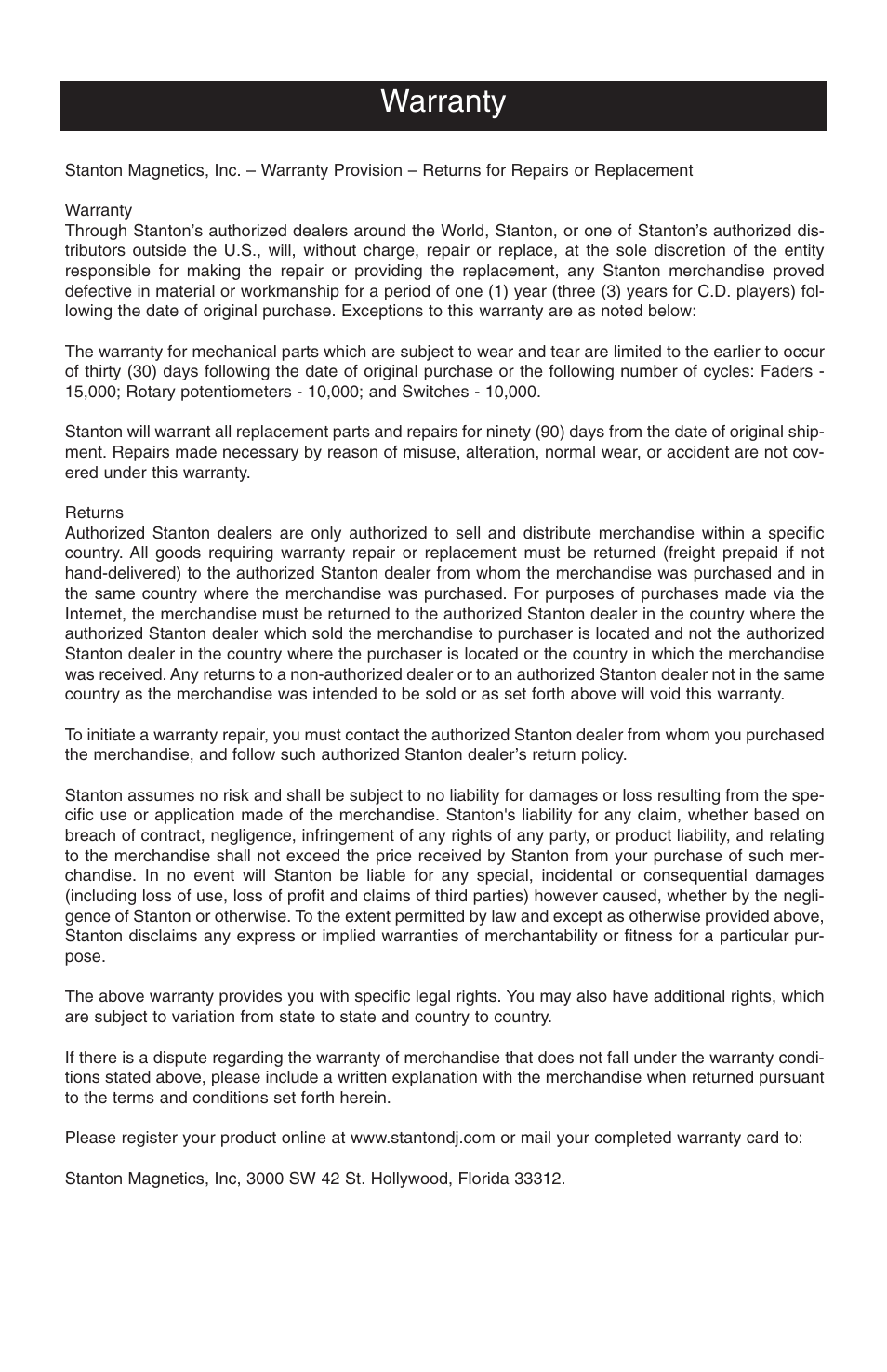 Warranty | Stanton RM.404 User Manual | Page 22 / 22