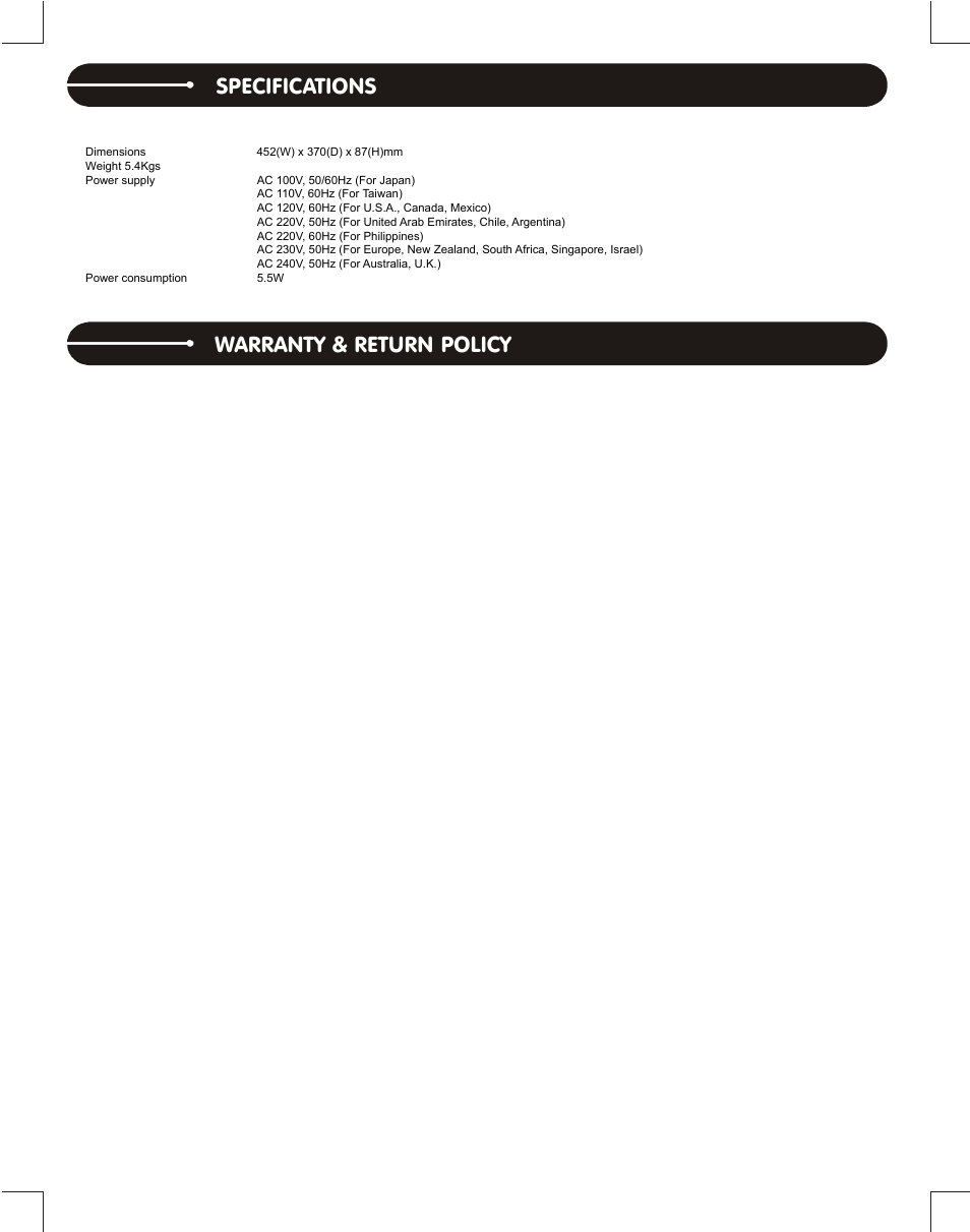 Specifications, Warranty & return policy, Warranty & return policy specifications | Stanton T.52 User Manual | Page 6 / 8