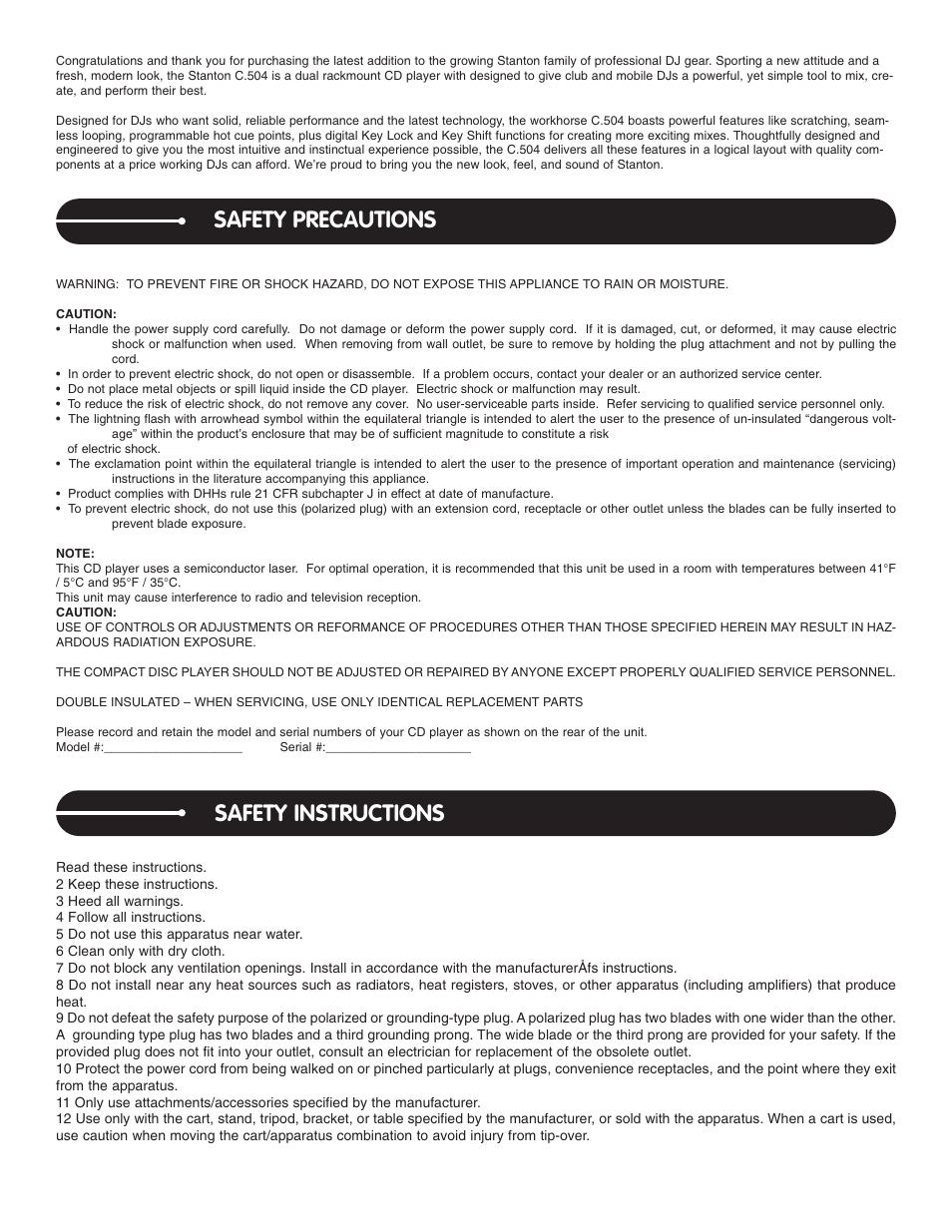 Safety precautions safety instructions | Stanton C.504 User Manual | Page 2 / 30